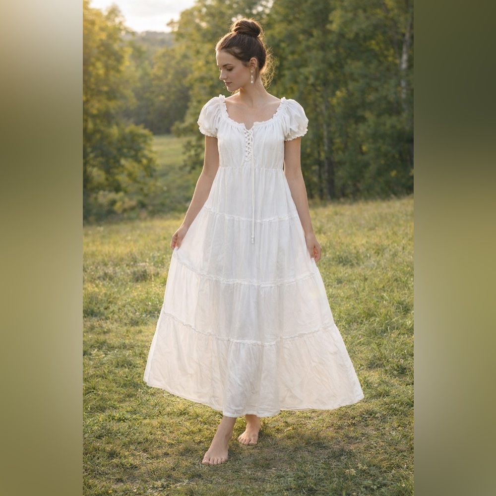 Hot Kiss White Boho Maxi Dress L Puff Sleeve Smocked Cottagecore Festival Tiered